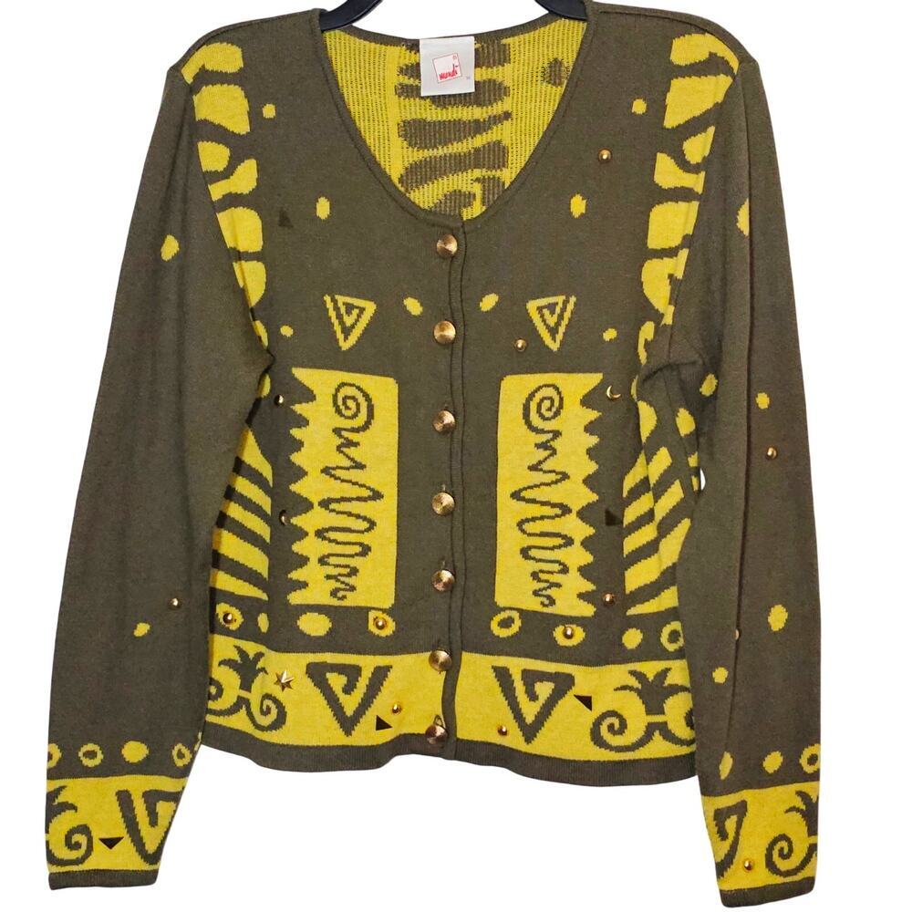Mondi Vintage 80s Sweater Geometric Green/Yellow Embellished Retro Casual 38 Med